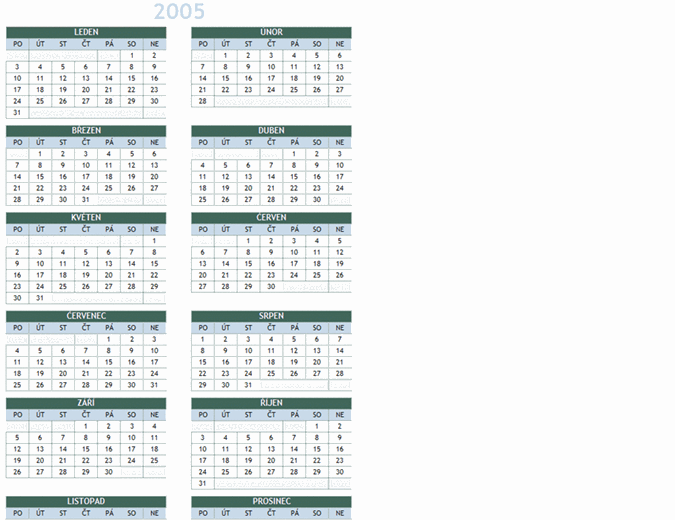 Roční kalendář 2005–2014 (pondělí–neděle)
