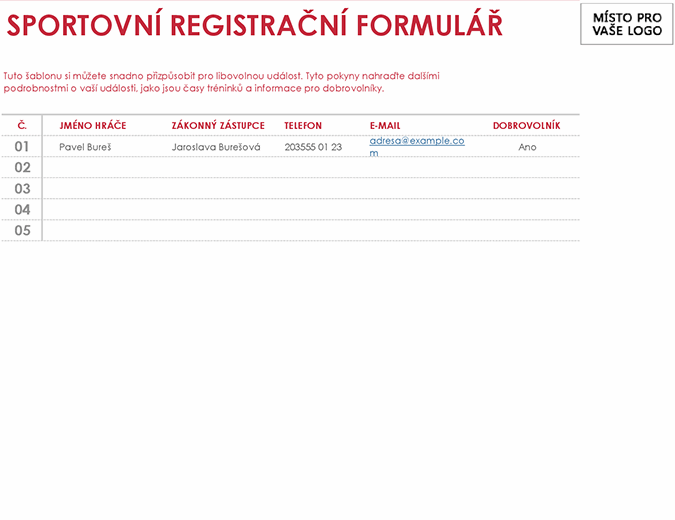 Sportovní registrační formulář