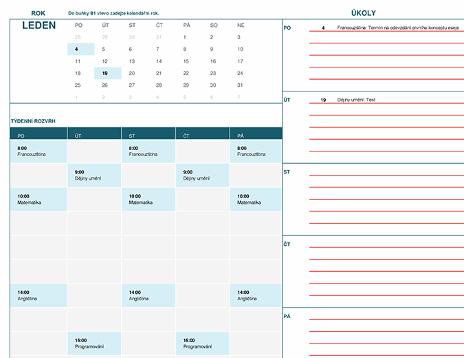Studentský kalendář (začátek týdne v pondělí)