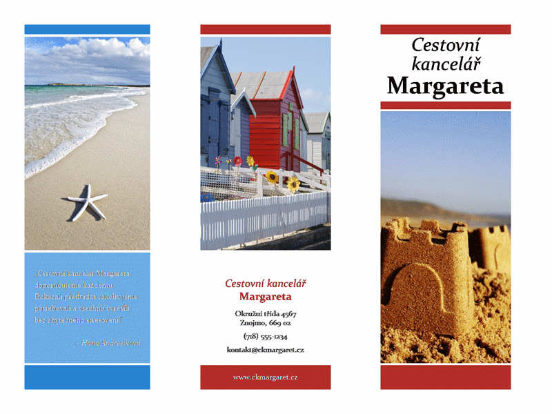 Cestovní brožura se dvěma přehyby (červený, zlatý, modrý design)