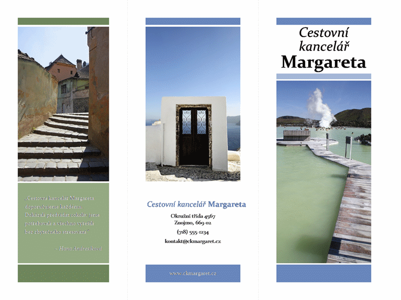 Cestovní brožura se dvěma přehyby (modrý a zelený design)
