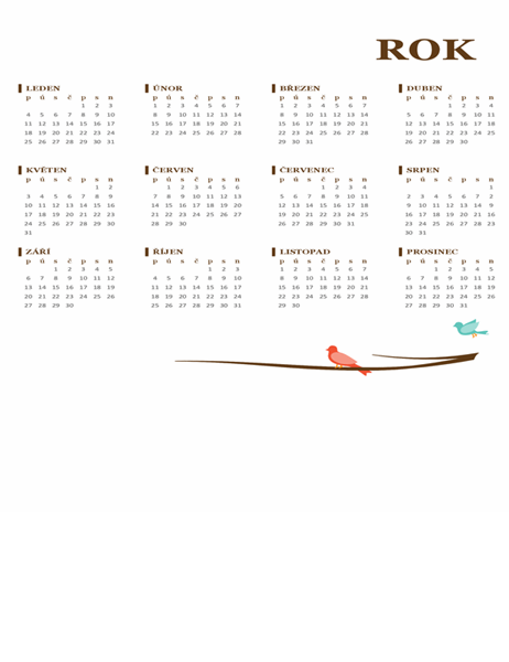 Roční kalendář s ptačím motivem (pondělí–neděle)