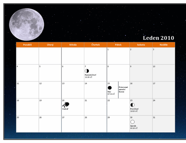 Lunární kalendář 2010 (univerzální čas)