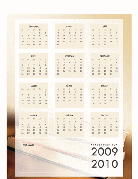 Kalendář akademického roku 2009–2010 (1 stránka, pondělí–pátek)