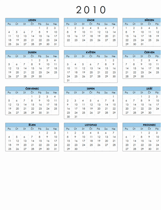 Kalendář 2010 (1 stránka, na šířku, pondělí–neděle)
