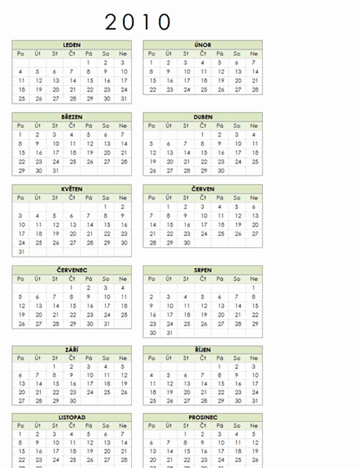 Kalendář 2010 (1 stránka, na výšku, pondělí–neděle)