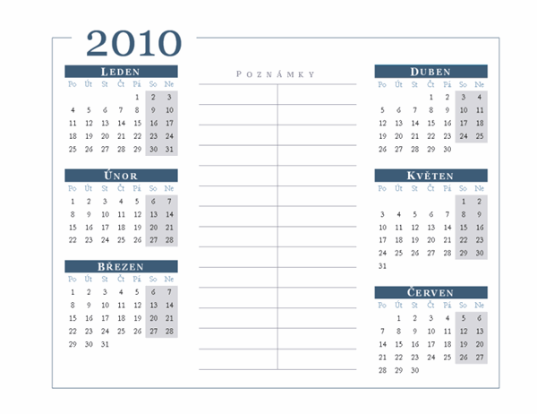 Kalendář 2010 (6 měsíců na stránku, pondělí–neděle)