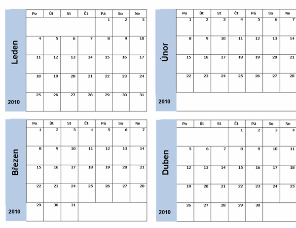Kalendář 2010 s modrým okrajem (3 stránky, pondělí až neděle)