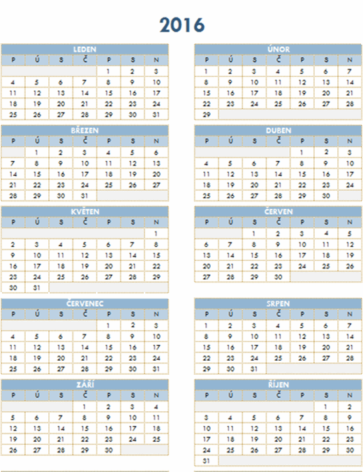 Roční kalendář (2016 až 2025)