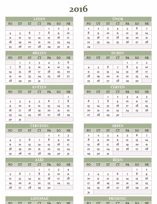 Roční kalendář 2016 až 2025 (Po–Ne)