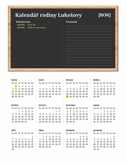 Rodinný kalendář (libovolný rok, pondělí–neděle)