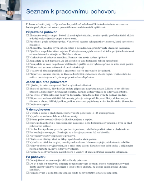 Kontrolní seznam pohovoru Kontrolní seznam pohovoru