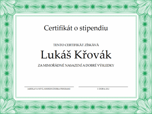 Certifikát o stipendiu (formální zelený okraj)