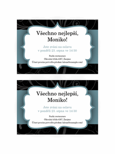 Pozvánka na večírek (design s modrou stuhou, 2 na stránku)