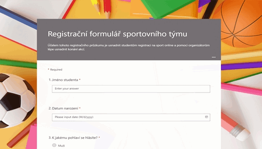 Registrační formulář sportovního týmu