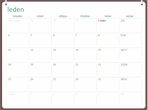 Klasický nástěnný kalendář (pondělí–neděle, design s dvěma kroužky)