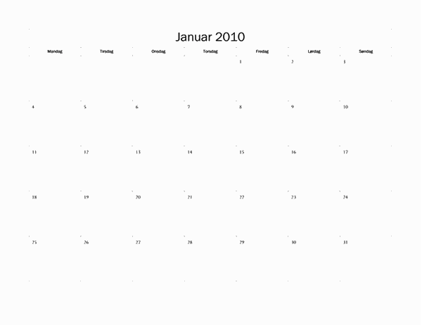 Kalender for 2010 (grunddesign, man-søn)