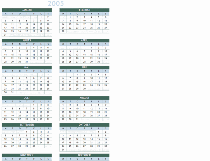2005-2014 årskalender (man-søn)