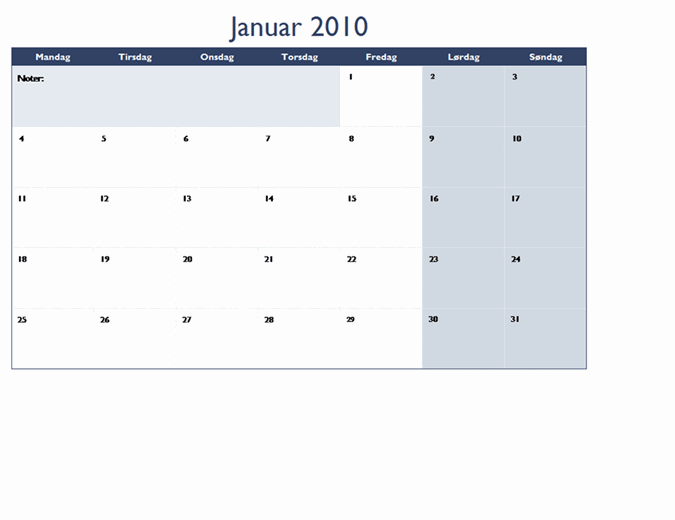 Kalender for 2010 på flere regneark (12 sider, man-søn)