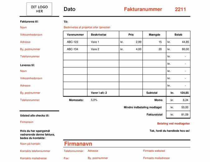 Faktura, der beregner total