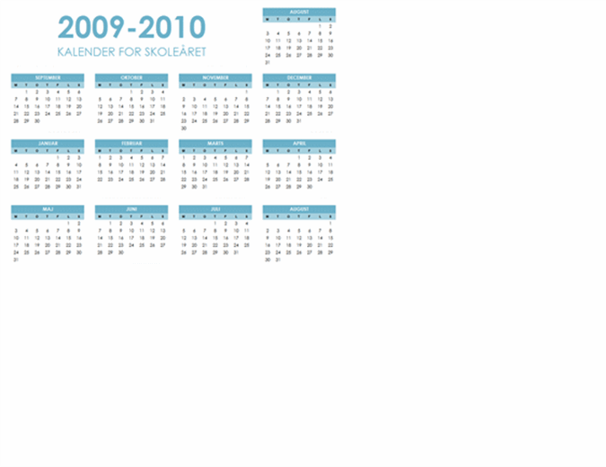 Kalender for skoleåret 2009-2010 (1 side, liggende, man-søn)