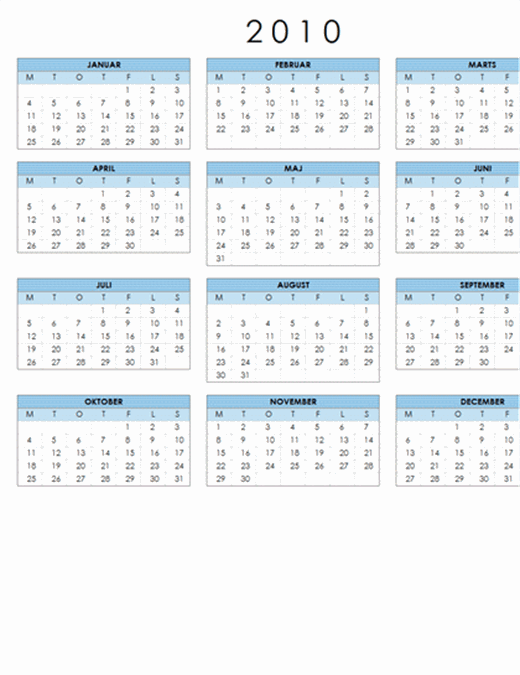 Kalender for 2010 (1 side, liggende, man-søn)