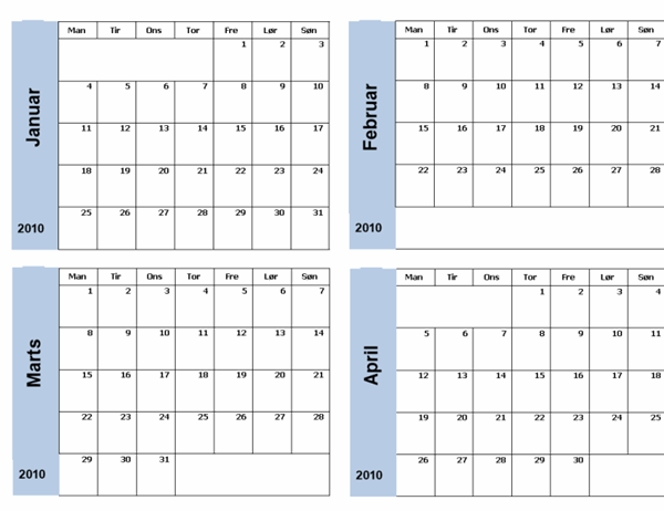 Kalender for 2010 med blå kant (3 sider, man-søn)
