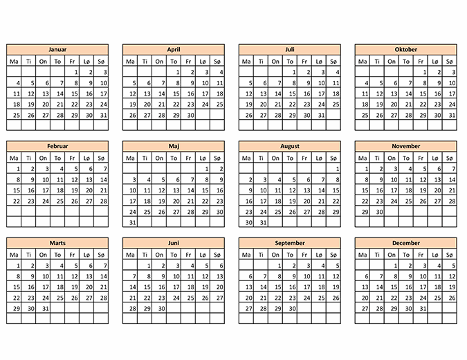 Kalenderopretter (et hvilket som helst år)