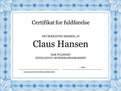 Certifikat for fuldførelse (blåt) Certifikat for fuldførelse (blåt)