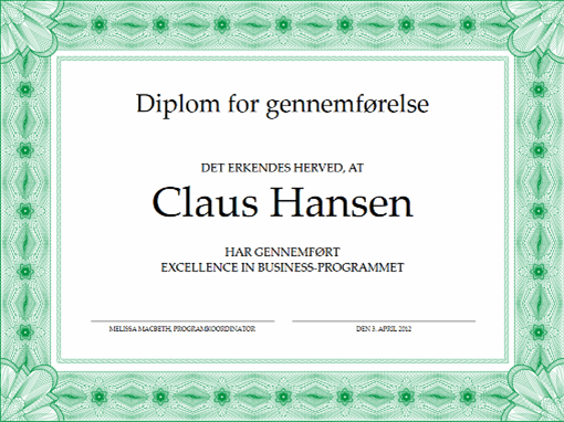 Diplom for gennemførelse (grøn)