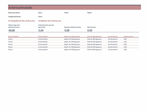 Arbeitszeittabelle Excel