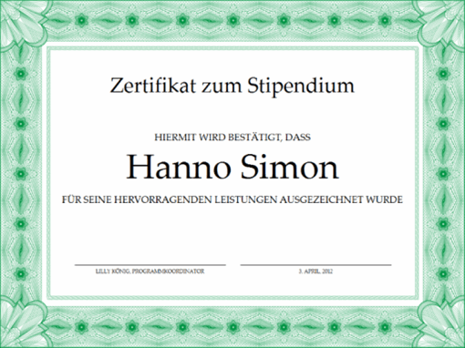 Zertifikat zum Stipendium (formeller grüner Rahmen)