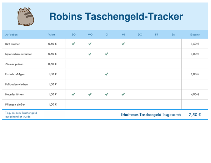 Nachverfolgung des Taschengeldes Nachverfolgung des Taschengeldes