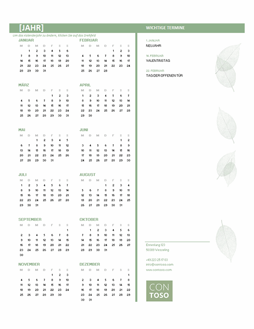 Kalender für kleine Unternehmen (beliebiges Jahr, Mo–So)