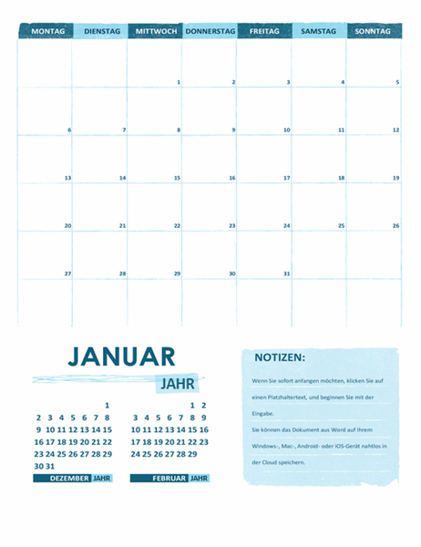 Akademischer Kalender (ein Monat, alle Jahre, Wochenanfang Montag)