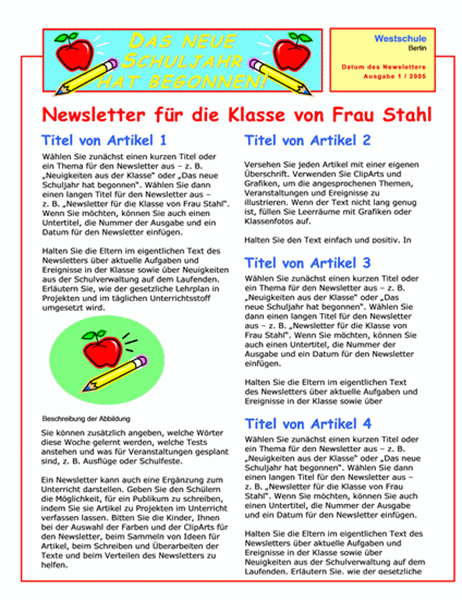 Newsletter für Schulklasse (zweispaltig, zwei Seiten)