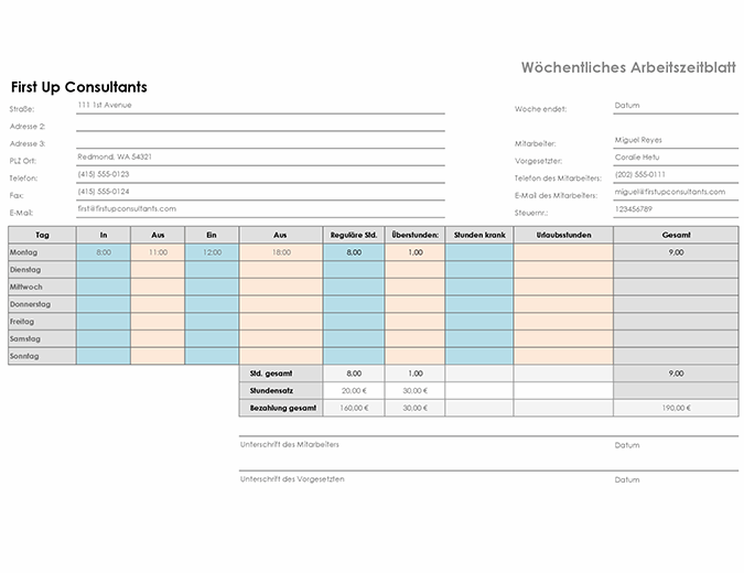 Wochentliche Arbeitszeittabelle Querformat