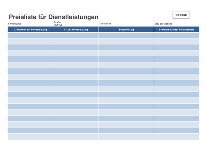 Preisliste Fur Dienstleistungen