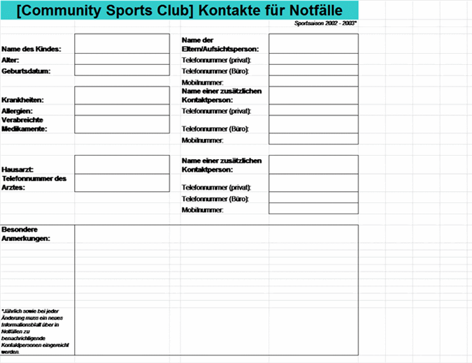Notfallkontakte für den Community Sports Club