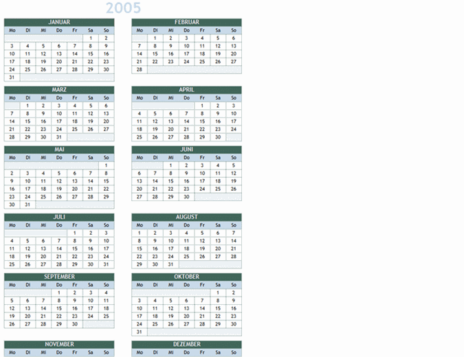 Jahreskalender 2005–2014 (Mo-So)