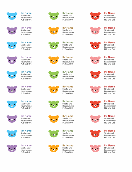 Absenderadressetiketten (Design "Rainbow Bears", 30 pro Seite, geeignet für Avery 5160)