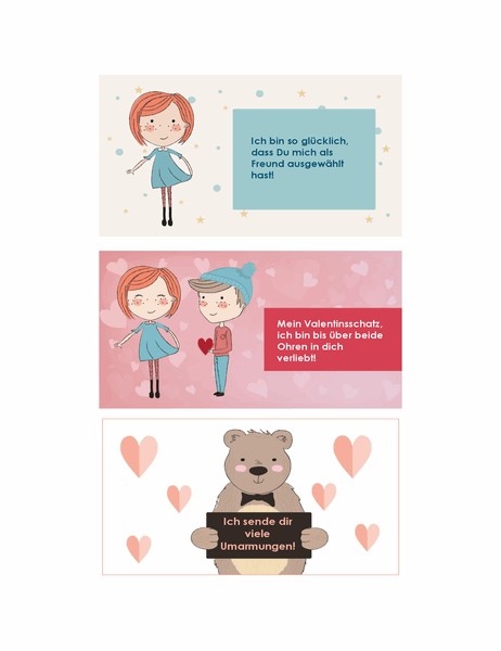 Valentinsgrüße für Kinder (12 Designs, 3 pro Seite)