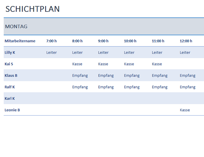 Wöchentlicher Mitarbeiterschichtplan Wöchentlicher Mitarbeiterschichtplan