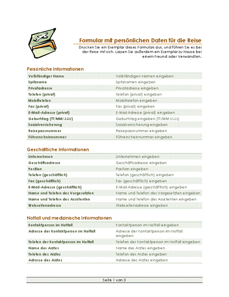 Formular für Reiseroute und persönliche Daten Formular für Reiseroute und persönliche Daten