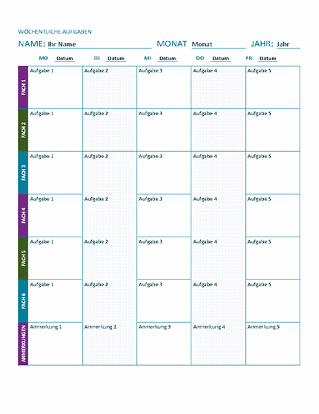 Wöchentlicher Aufgabenplan (farbig)