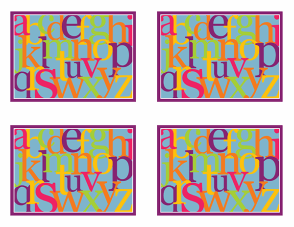 Buchstabenillustrationstafel (Rückseite; auf Englisch, kann mit Avery 3263, 8387 verwendet werden)