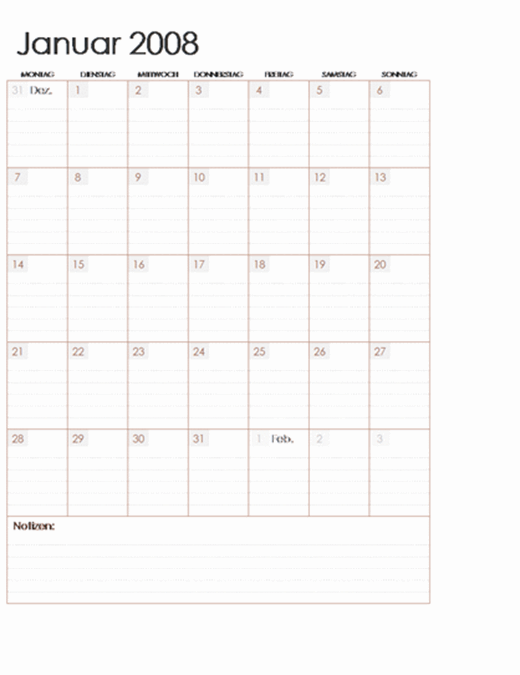 Kalender 2008 auf mehreren Arbeitsblättern (12 Seiten, Mo-So)