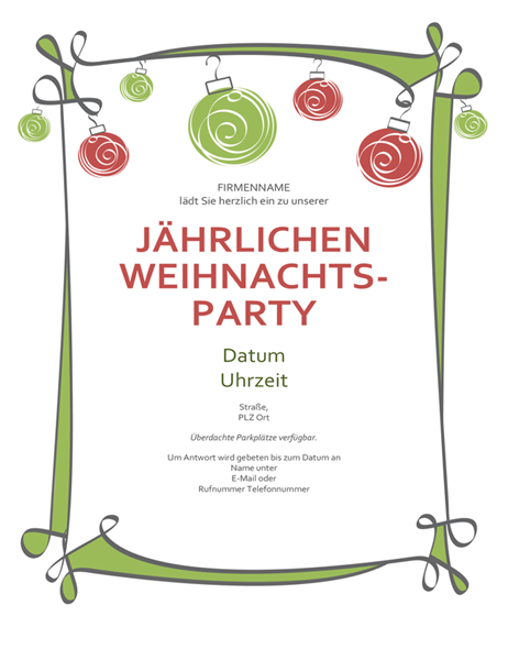 Einladung zur Weihnachtsparty mit Ornamenten und geschwungenem Rahmen (informelles Design) Einladung zur Weihnachtsparty mit Ornamenten und geschwungenem Rahmen (informelles Design)