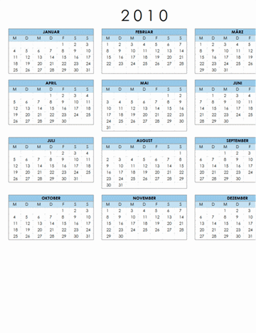 Kalender 2010 (1 Seite, Querformat, Mo-So)
