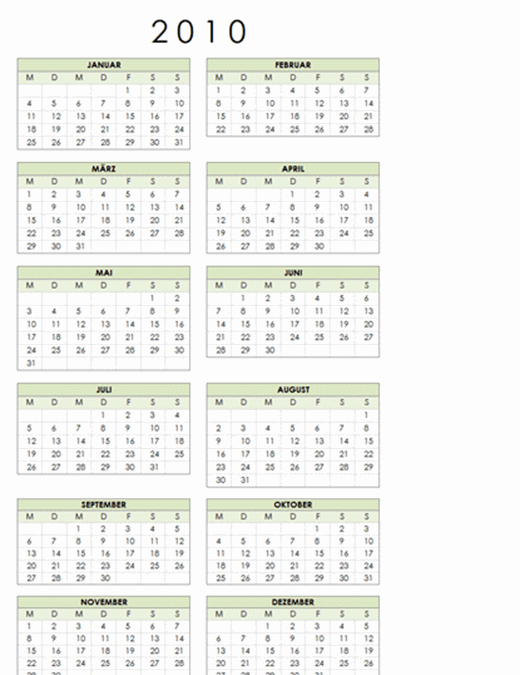 Kalender 2010 (1 Seite, Hochformat, Mo-So)